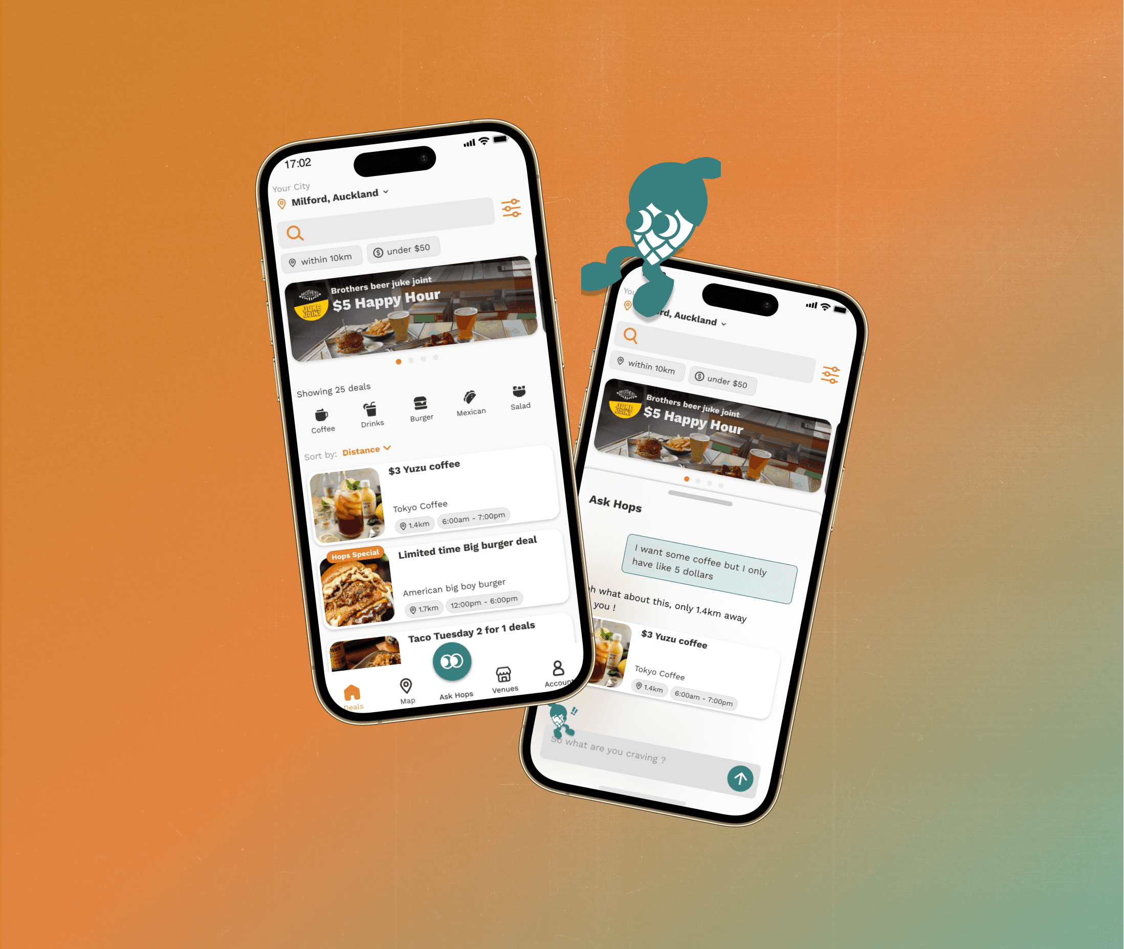 Hops Deal Finder mobile app screens on a warm orange background.